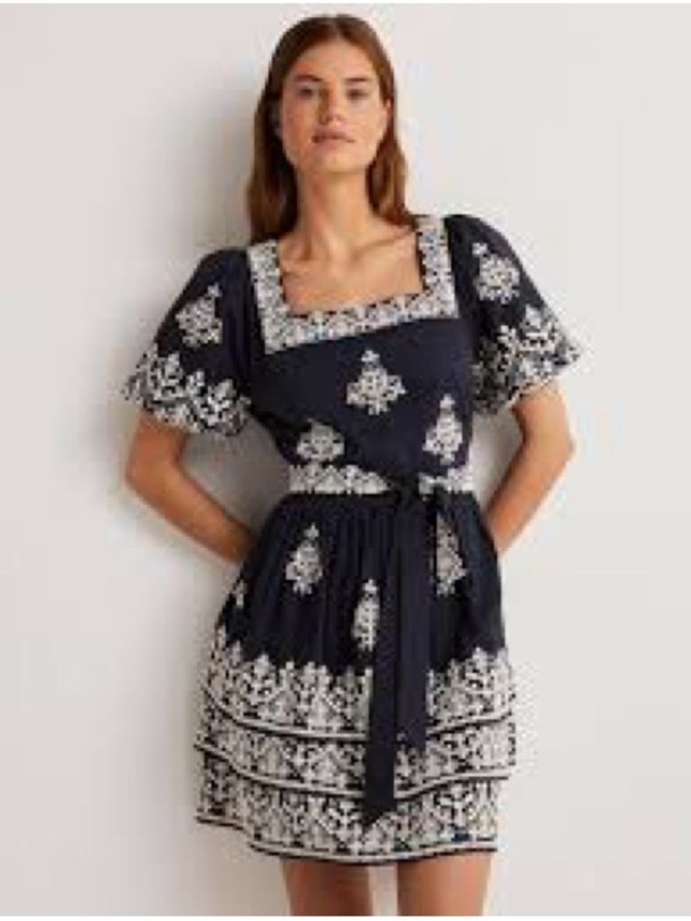 Navy Boden Embroidered Tiered Puff-Sleeve Dress - Picture 2 of 10
